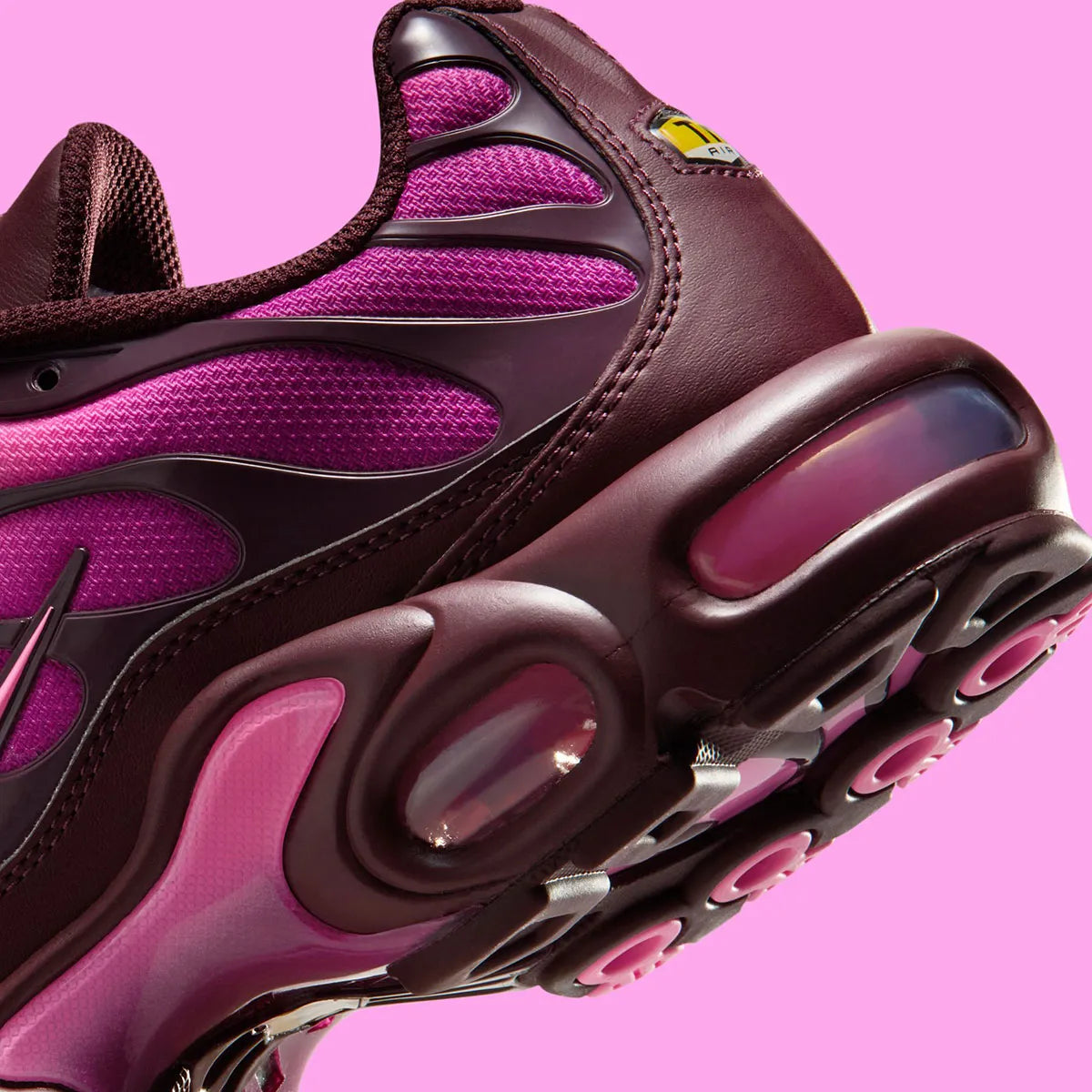 Nike Air Max Plus Burgundy Crush Cactus Flower en dégradé bordeaux et rose, avec renforts ondulés et unités Air visibles.