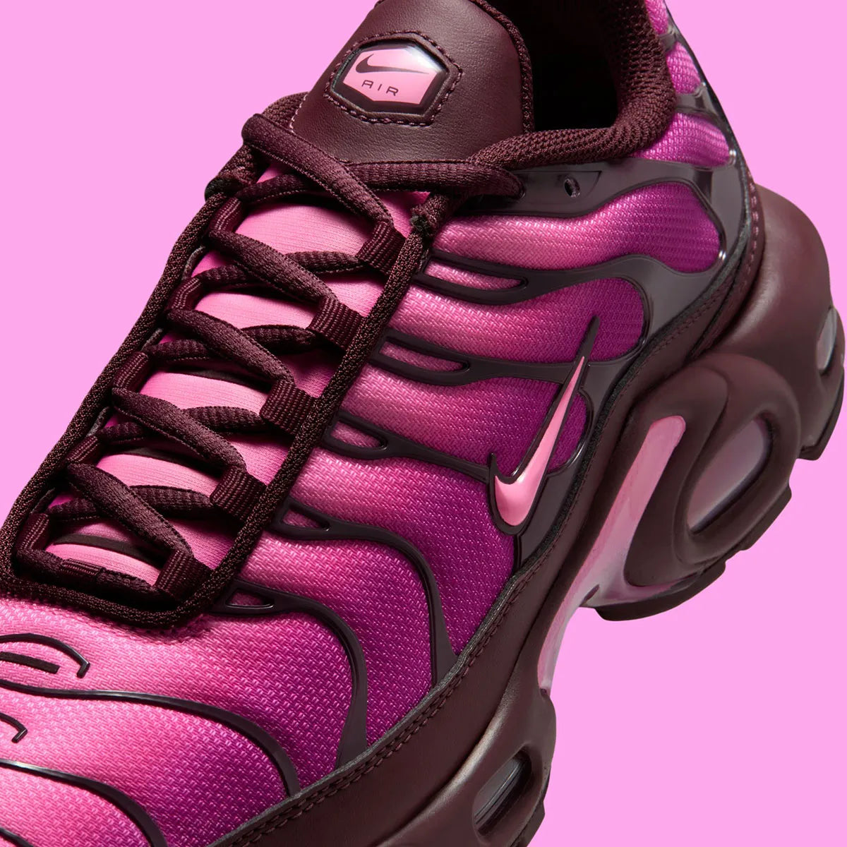 Nike Air Max Plus Burgundy Crush Cactus Flower en dégradé bordeaux et rose, avec renforts ondulés et unités Air visibles.