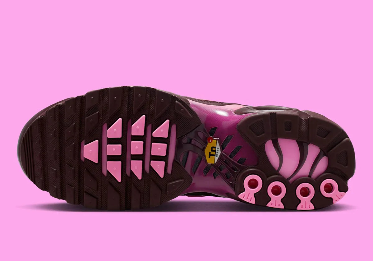 Nike Air Max Plus Burgundy Crush Cactus Flower en dégradé bordeaux et rose, avec renforts ondulés et unités Air visibles.