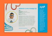 Carte de description de ll'enfant qui a designé la sneakers Nike Air Max Plus Doernbecher Sergio Cano Márquez en matériaux premium avec design coloré artistique et unités Tuned Air visibles 