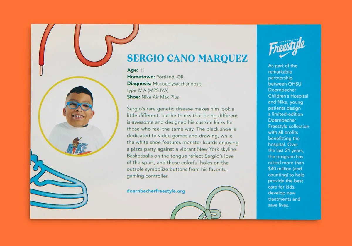 Carte de description de ll'enfant qui a designé la sneakers Nike Air Max Plus Doernbecher Sergio Cano Márquez en matériaux premium avec design coloré artistique et unités Tuned Air visibles 