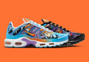 Sneakers Nike Air Max Plus Doernbecher Sergio Cano Márquez en matériaux premium avec design coloré artistique et unités Tuned Air visibles vue de profil. 