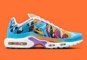 Sneakers Nike Air Max Plus Doernbecher Sergio Cano Márquez en matériaux premium avec design coloré artistique et unités Tuned Air visibles vue de profil intérieur. 