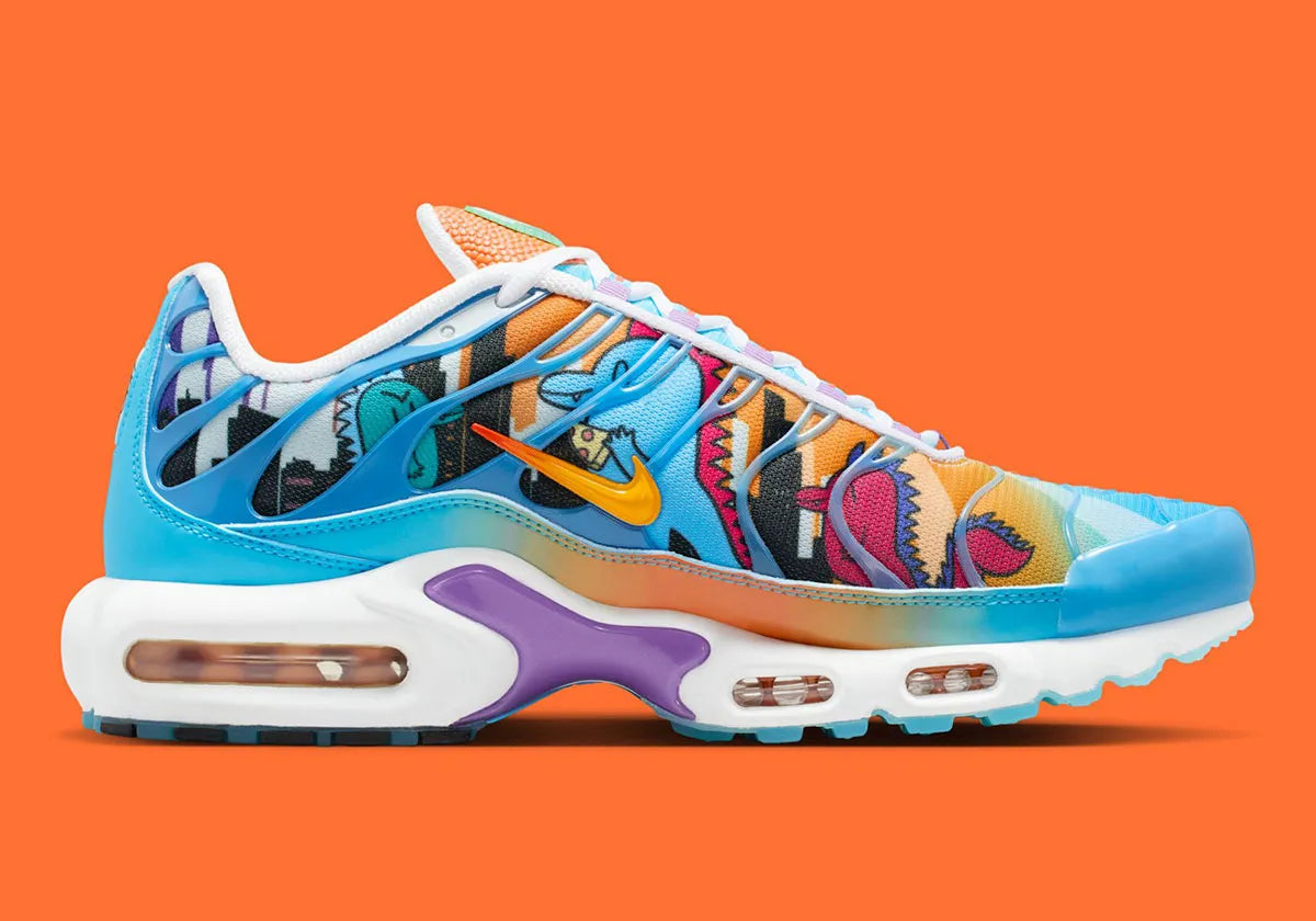 Sneakers Nike Air Max Plus Doernbecher Sergio Cano Márquez en matériaux premium avec design coloré artistique et unités Tuned Air visibles vue de profil intérieur. 