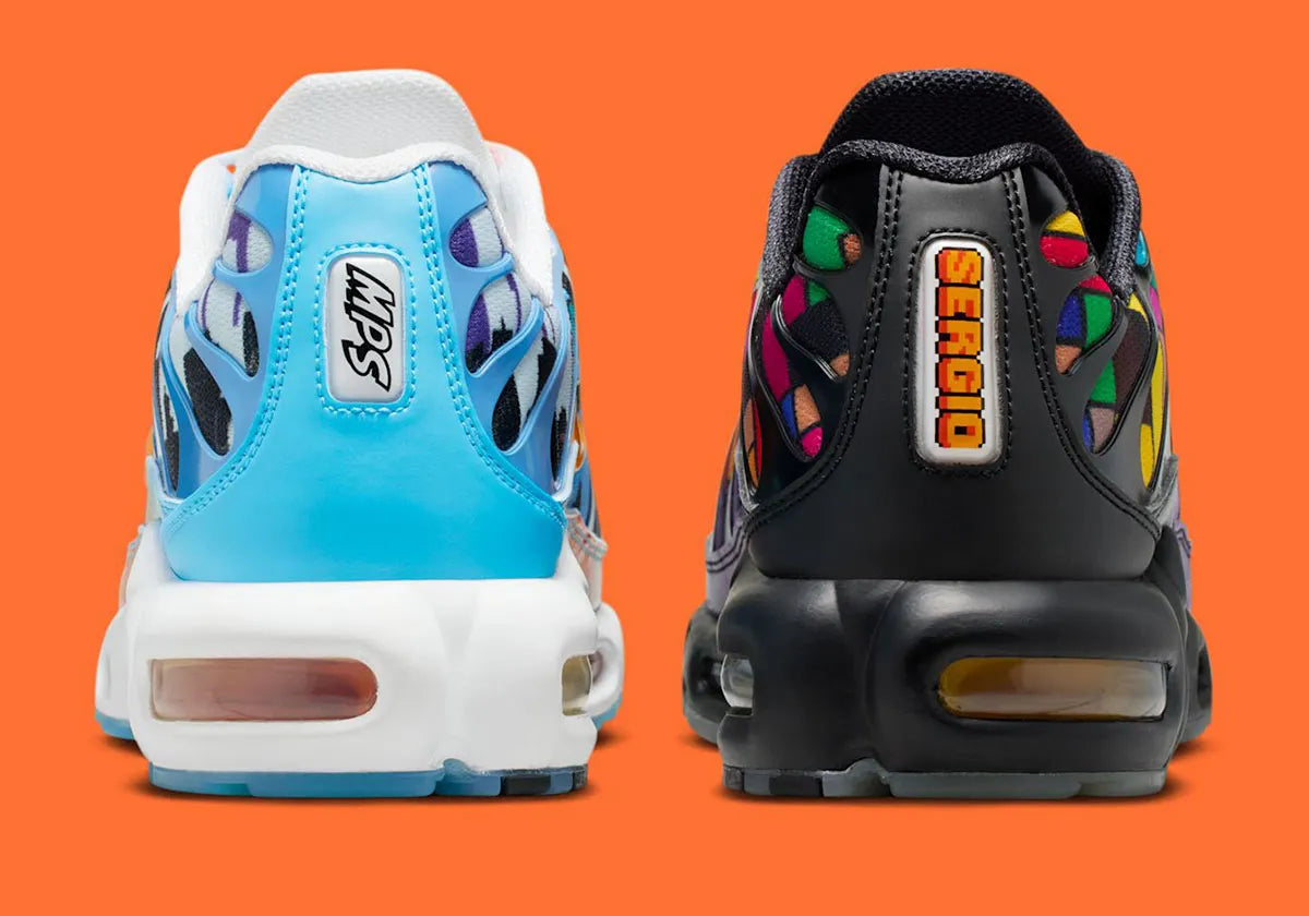Sneakers Nike Air Max Plus Doernbecher Sergio Cano Márquez en matériaux premium avec design coloré artistique et unités Tuned Air visibles vue de derrière. 