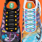 Vue zoomée sur le dessus de la sneakers Nike Air Max Plus Doernbecher Sergio Cano Márquez en matériaux premium avec design coloré artistique et unités Tuned Air visibles