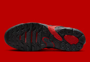 Nike Air Max Plus Drift Black Dark Smoke Grey University Red noire et gris fumé avec cage synthétique sculptée et détails rouge University Red.