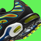 Nike Air Max Plus Heat Map, sneaker TN jaune, verte et bleue avec effet thermique, renforts noirs et unités Air visibles.