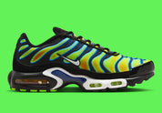 Nike Air Max Plus Heat Map, sneaker TN jaune, verte et bleue avec effet thermique, renforts noirs et unités Air visibles.