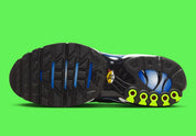 Nike Air Max Plus Heat Map, sneaker TN jaune, verte et bleue avec effet thermique, renforts noirs et unités Air visibles.