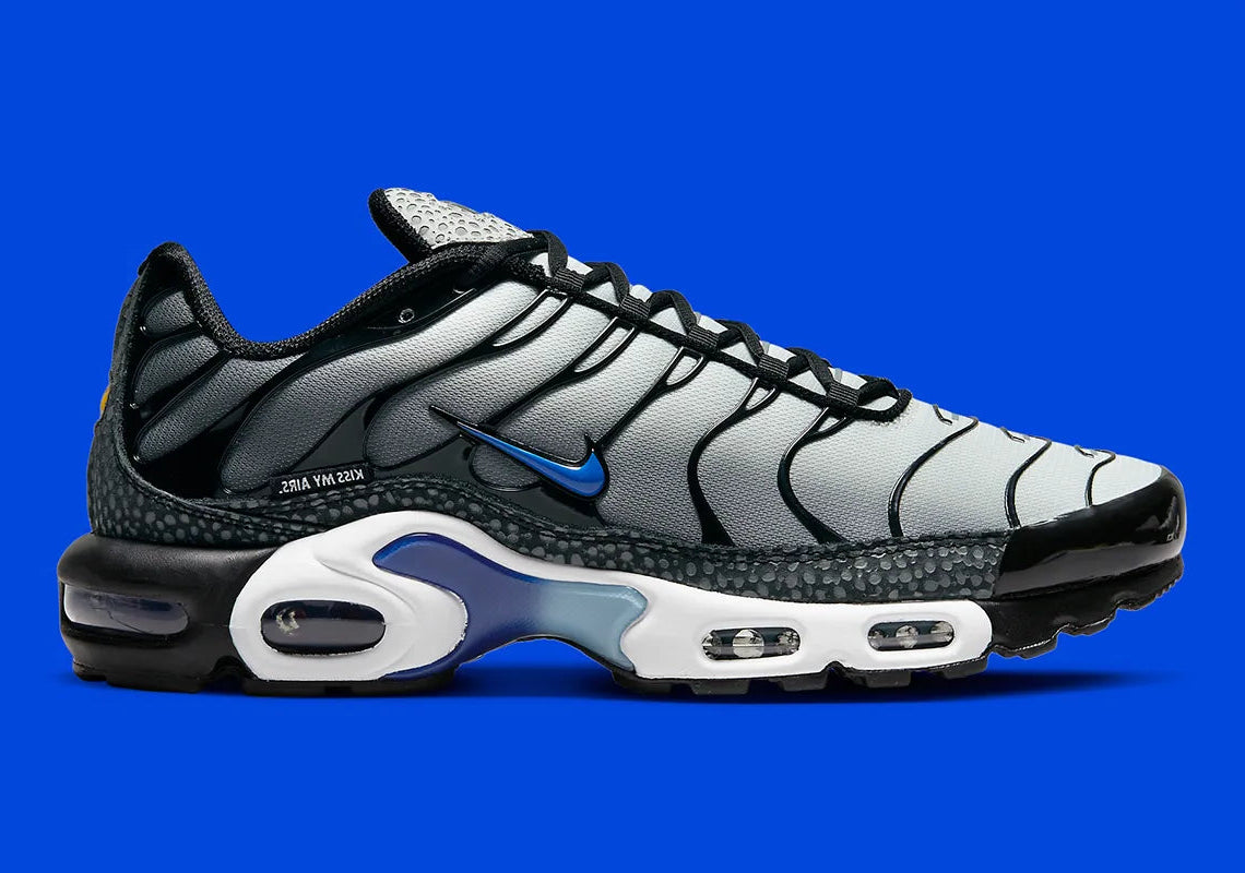 Nike Air Max Plus Kiss My Airs Metallic Silver, sneaker Nike TN argentée avec cage ondulée, détails Kiss My Airs et unités Tuned Air visibles.