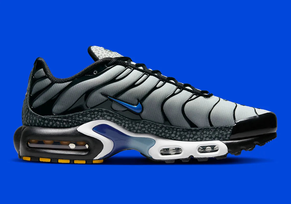 Nike Air Max Plus Kiss My Airs Metallic Silver, sneaker Nike TN argentée avec cage ondulée, détails Kiss My Airs et unités Tuned Air visibles.