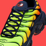 chaussure nike tn, nike air max plus coloré, semelle confortable, vue de dessus en 3/4, languette air max plus, nike air