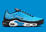 Image de la Nike Air Max Plus Naples, sneaker TN en mesh dégradé bleu, orange et jaune doré, avec cages TPU ondulées, mini Swoosh contrasté et amorti Tuned Air