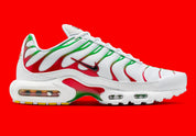 Nike Air Max Plus Italy blanche avec renforts TPU verts et rouges, Swoosh noir et unités Tuned Air visibles vue de profil intérieur. 