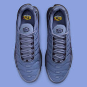 chaussure air max plus nike, tn, nike bleu marine, degradé de couleur, chaussure confortable logo apparant, vue de haut, vue des deux chaussuresn languette apparante