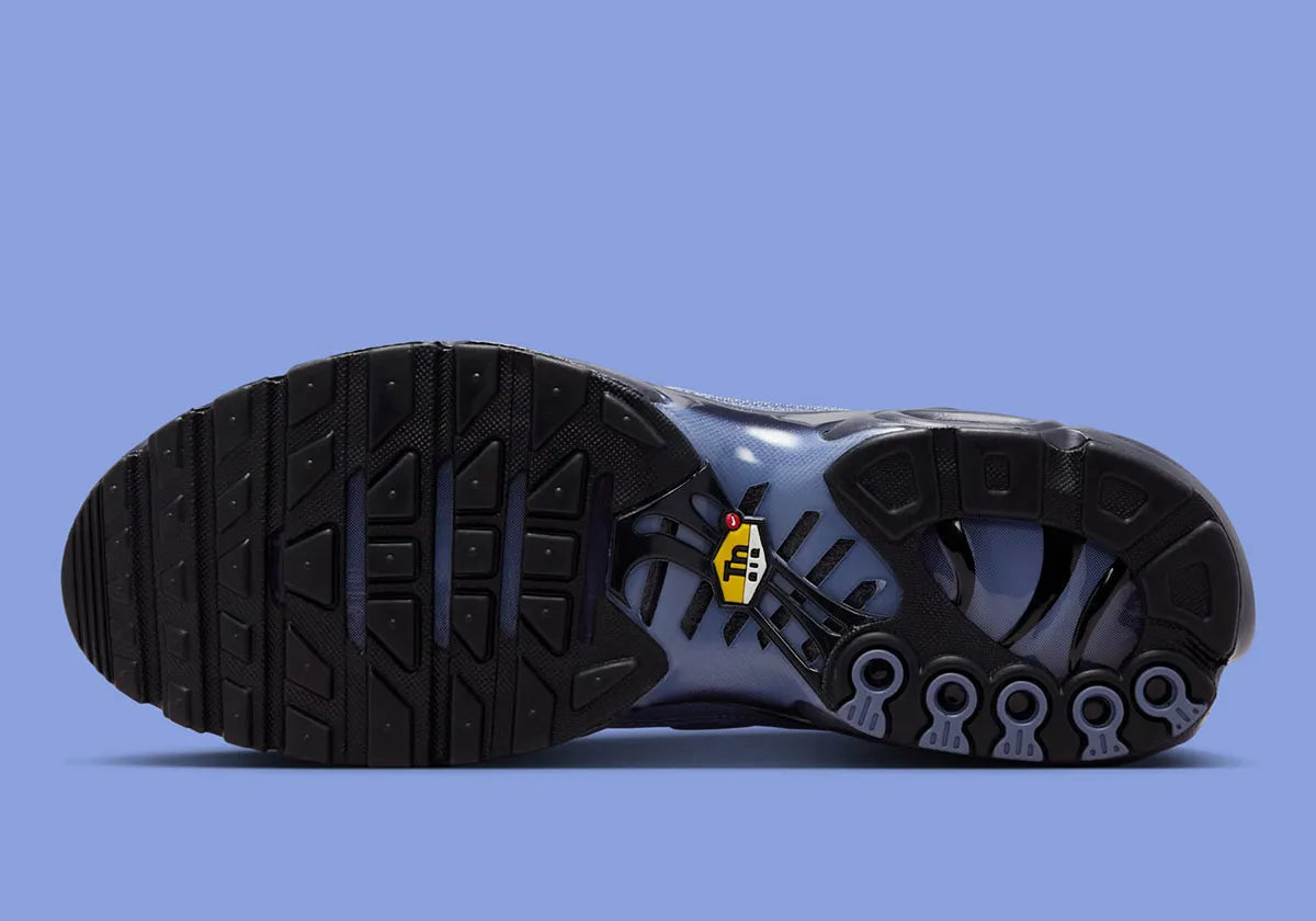 chaussure air max plus nike, tn, nike bleu marine, degradé de couleur, chaussure confortable logo apparant, vue de dessous de la semelle, logo tn