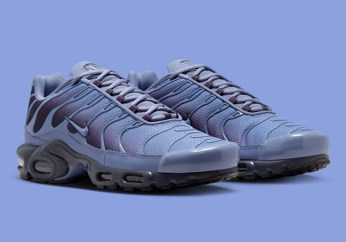 chaussure air max plus nike, tn, nike bleu marine, degradé de couleur, chaussure confortable logo apparant, vue de 3/4 de devant, vue des deux chaussures 