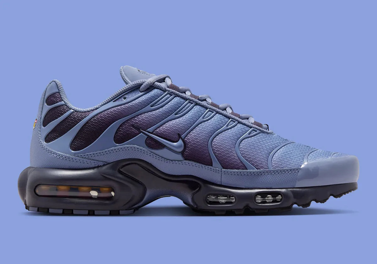 chaussure air max plus nike, tn, nike bleu marine, degradé de couleur, chaussure confortable logo apparant, vue de coté intérieur