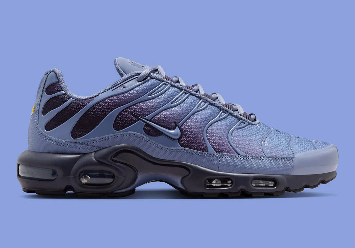 chaussure air max plus nike, tn, nike bleu marine, degradé de couleur, chaussure confortable logo apparant, vue de coté extérieur 
