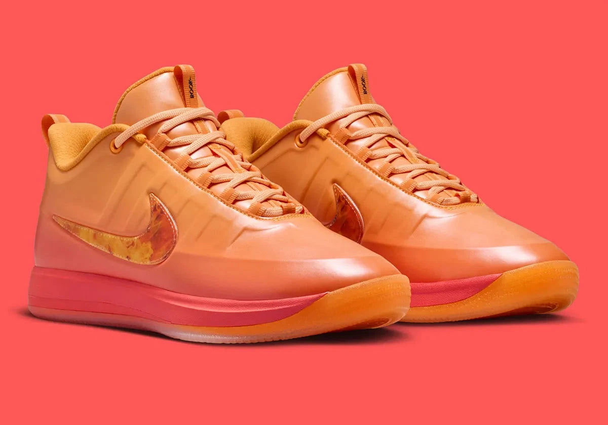 Sneakers Nike Book 2 en mesh respirant avec renforts synthétiques, coloris orange et violet Phoenix, amorti performance basketball.