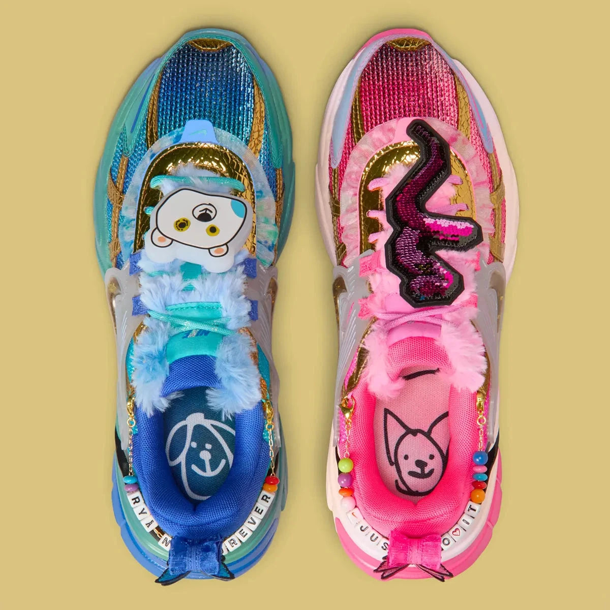 Sneakers Nike V2K Run Doernbecher Khovny Vignery en matériaux premium avec design coloré expressif et superpositions techniques running vue du dessus. 