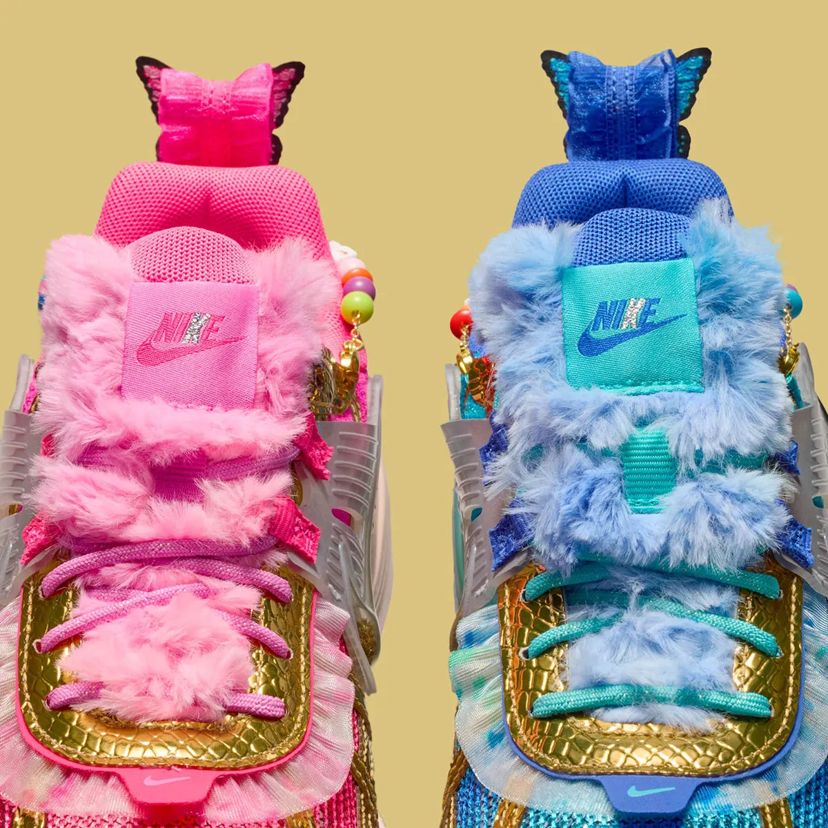 Vue zoomée sur les détails de la languette de la sneakers Nike V2K Run Doernbecher Khovny Vignery en matériaux premium avec design coloré expressif et superpositions techniques running