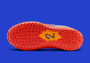 Nike Ja 3 Blue Crystal avec tige textile bleue, accents Turf Orange, Midnight Navy et Metallic Silver, amorti réactif et semelle en caoutchouc adhérente.