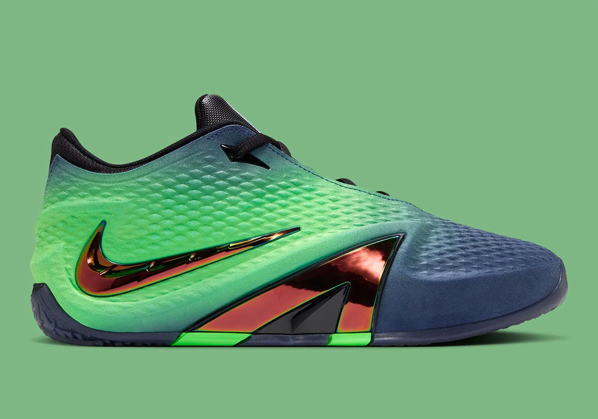 Nike Ja 4 Nightmare IM4135-405, chaussure de basket Obsidian et noire avec détails Voltage Green, semelle Cushlon 3.0 et JA-Frame vue de profil. 