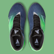 Nike Ja 4 Nightmare IM4135-405, chaussure de basket Obsidian et noire avec détails Voltage Green, semelle Cushlon 3.0 et JA-Frame vue du dessus. 
