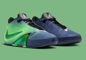 Nike Ja 4 Nightmare IM4135-405, chaussure de basket Obsidian et noire avec détails Voltage Green, semelle Cushlon 3.0 et JA-Frame vue de 3/4 face. 