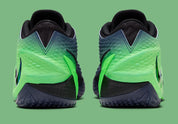 Nike Ja 4 Nightmare IM4135-405, chaussure de basket Obsidian et noire avec détails Voltage Green, semelle Cushlon 3.0 et JA-Frame vue de derrière. 