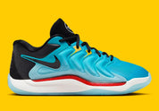 Nike KD 17 N7 avec tige en mesh turquoise, cage en TPU noire, logos KD et N7, amorti Zoom Air et Air Strobel, ainsi qu'une semelle extérieure translucide à traction multidirectionnelle.