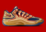 Sneaker de basketball Nike KD 18 Immortalized Pack White Gold Blue Void en mesh technique multicouche avec amorti Zoom Air et semelle à traction multidirectionnelle.