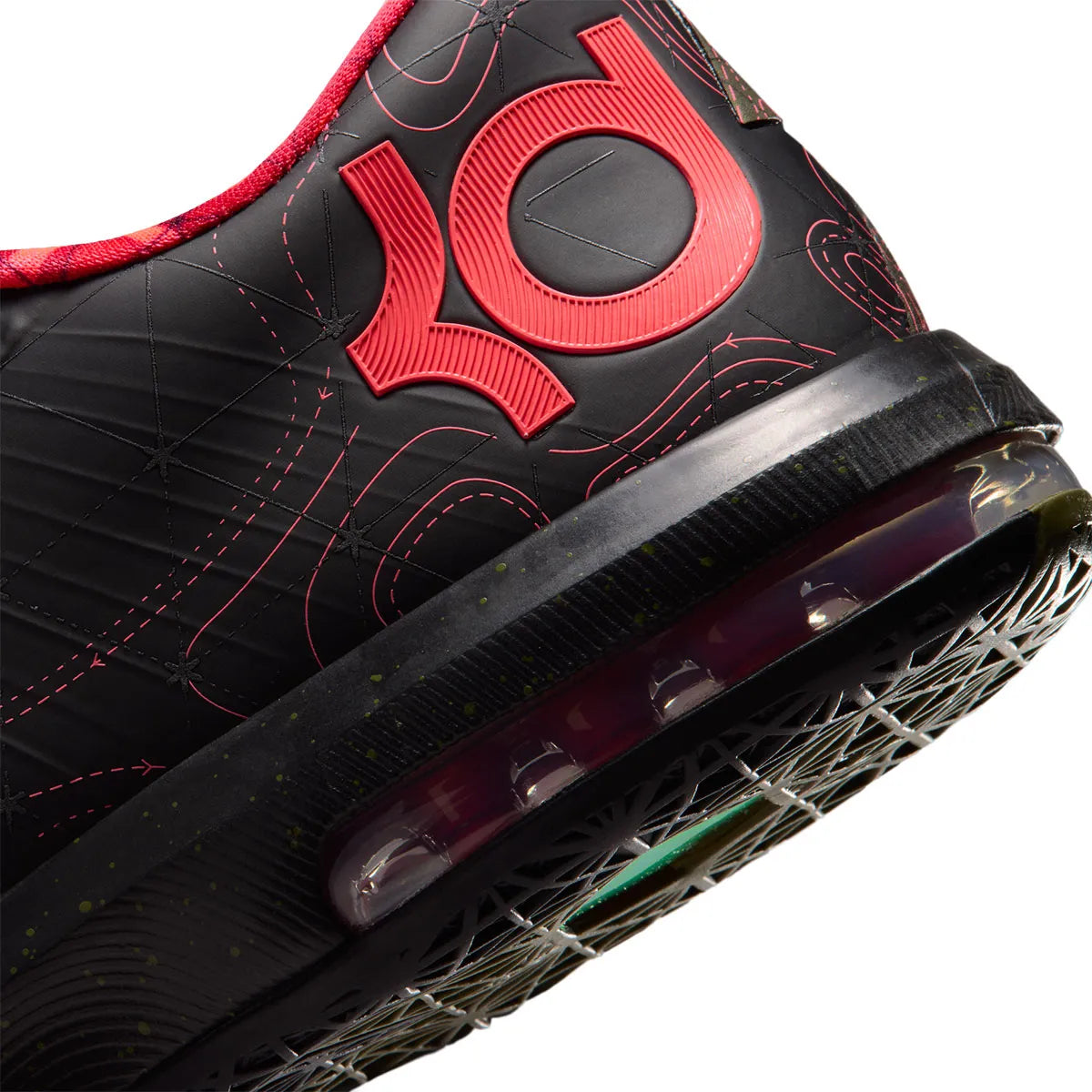 Nike KD 6 Meteorology 2026 à tige synthétique multicolore avec motifs météorologiques, unité Zoom à l’avant-pied, Max Air visible au talon et semelle adhérente.