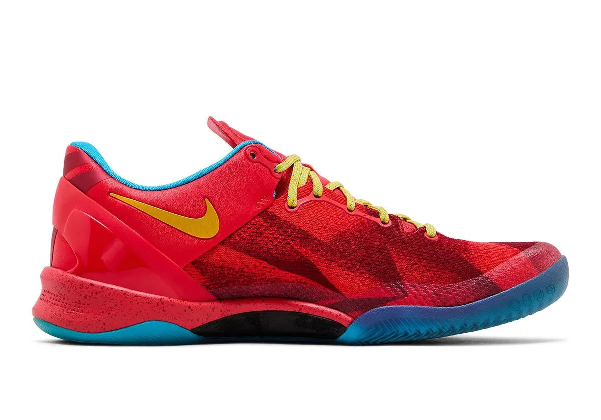 Sneakers Nike Kobe 8 Protro Light Crimson Vivid Blue Bright Citron en matériaux techniques premium avec amorti réactif et couleurs dynamiques vue de profil intérieur. 