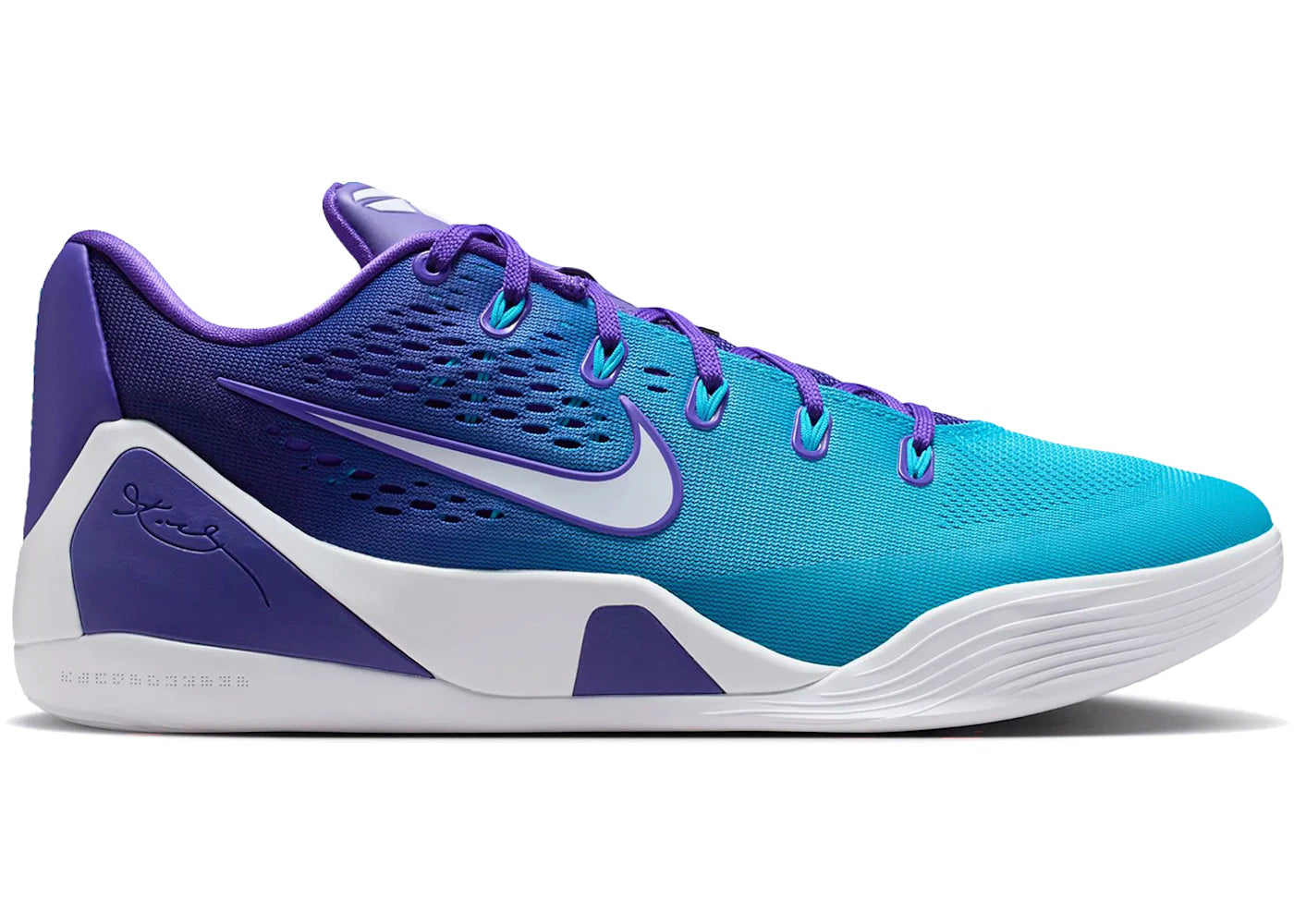 Sneaker Nike Kobe 9 Elite Low EM Protro Hornets violette et turquoise en Engineered Mesh avec amorti Zoom Air performance.Vue de profil
