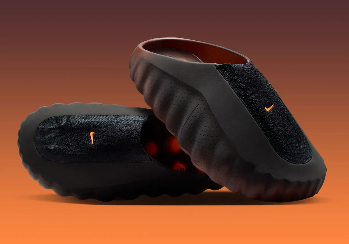 Slide Nike Mind 001 Flyknit Bronze Eclipse Total Orange avec empeigne textile brun foncé, détails orange vif et semelle ergonomique moderne.