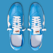 Nike Moon Shoe OG SP Italy Blue Neutral Grey, sneaker Nike rétro-running bleue et grise inspirée des années 1970 avec Swoosh et semelle Waffle vue du dessus  