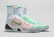 Chaussure de basket-ball montante kobe 9 elite what the multicolor, blanc, contour du swoosh vert, multicolor, semelle légère, vue de 3/4