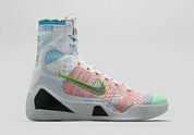Chaussure de basket-ball montante kobe 9 elite what the multicolor, blanc, contour du swoosh vert, multicolor, semelle légère, vue de profil