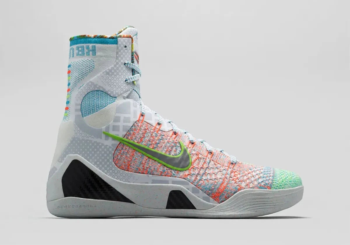 Chaussure de basket-ball montante kobe 9 elite what the multicolor, blanc, contour du swoosh vert, multicolor, semelle légère, vue de profil