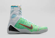 Chaussure de basket-ball montante kobe 9 elite what the multicolor, blanc, contour du swoosh vert, multicolor, semelle légère, vue de profil