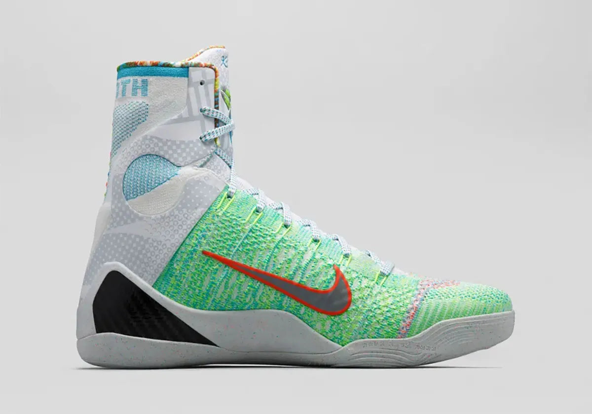Chaussure de basket-ball montante kobe 9 elite what the multicolor, blanc, contour du swoosh vert, multicolor, semelle légère, vue de profil
