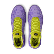 Nike Air Max Plus One Piece Gomu Gomu violette et verte avec motifs spiralés en relief, cage TPU et détails inspirés du Fruit du Démon de Luffy vue du dessus. 