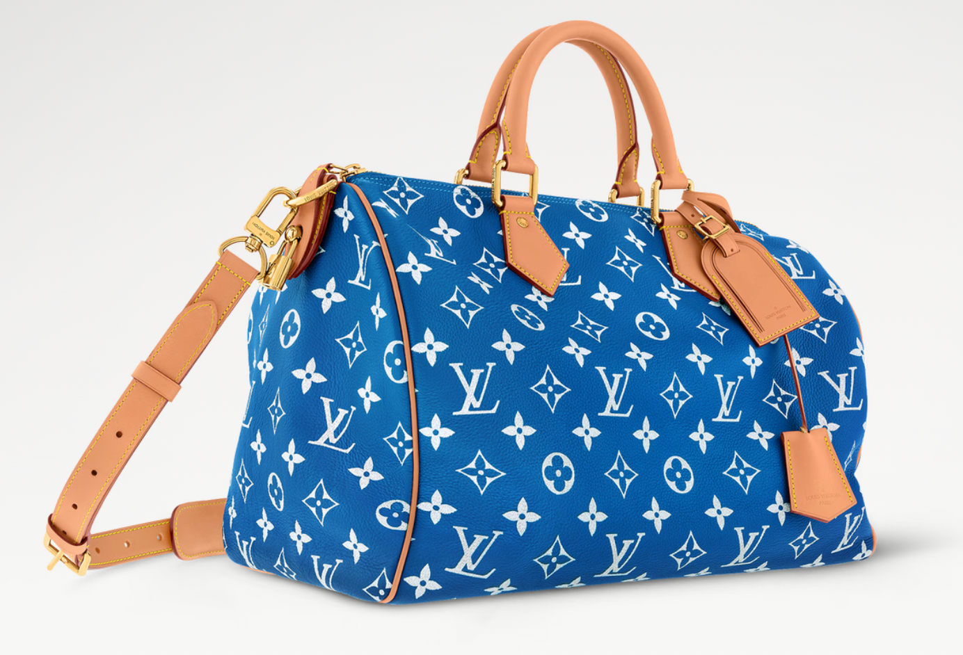 Louis Vuitton Speedy P9 Bandoulière 40 Monogram Leather Blue, sac Louis Vuitton bleu en cuir Monogram souple avec poignées Toron et bandoulière ajustable.