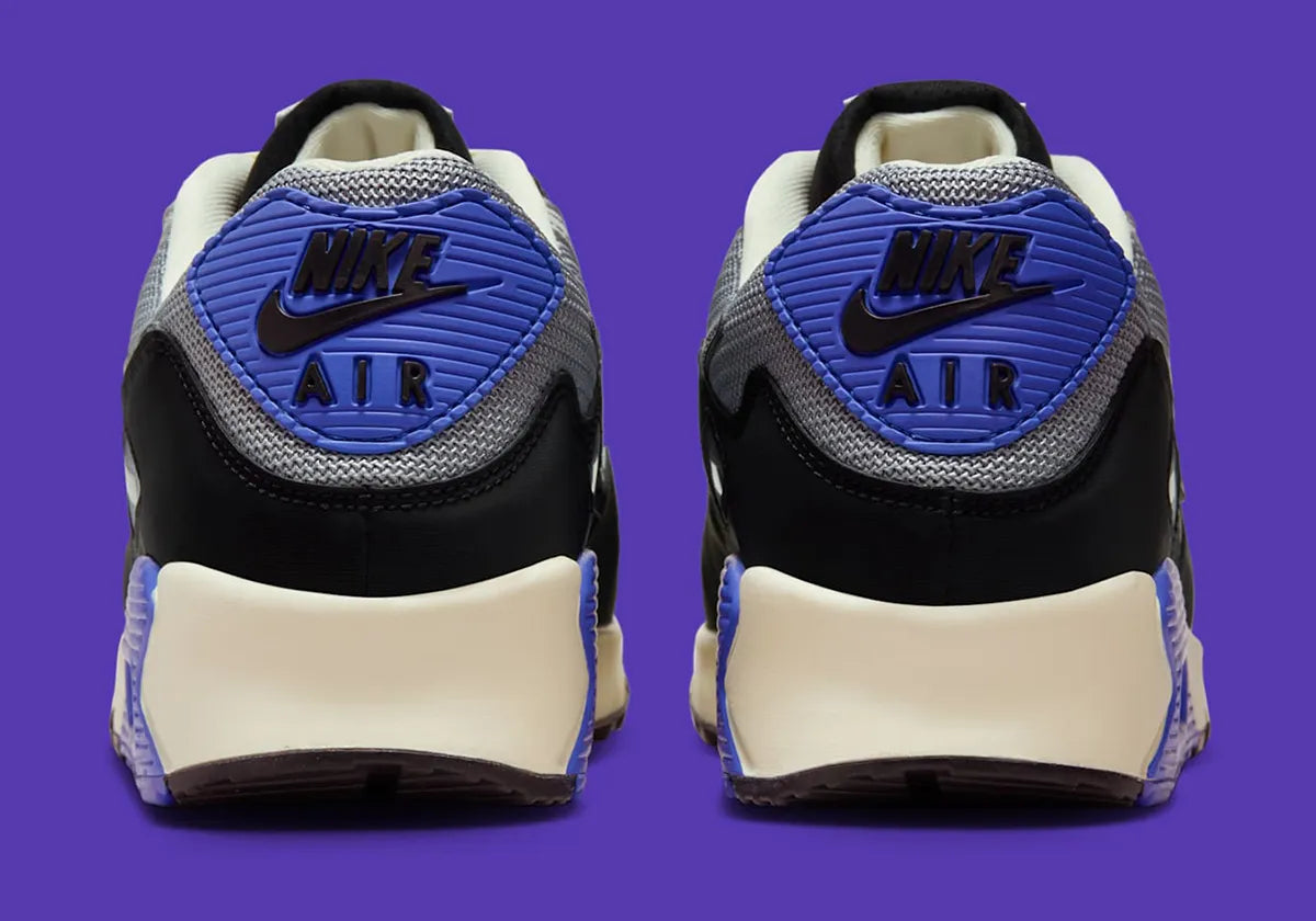 chaussure de rue air max 90 patta bleu , noir , gris , semelle confortable , vu de derrière