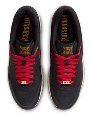 Nike Air Max 1 Pittsburgh Pirates City Connect 2026 noire et jaune en mesh et suède avec semelle Air visible et détails baseball exclusifs. vue de dessus
