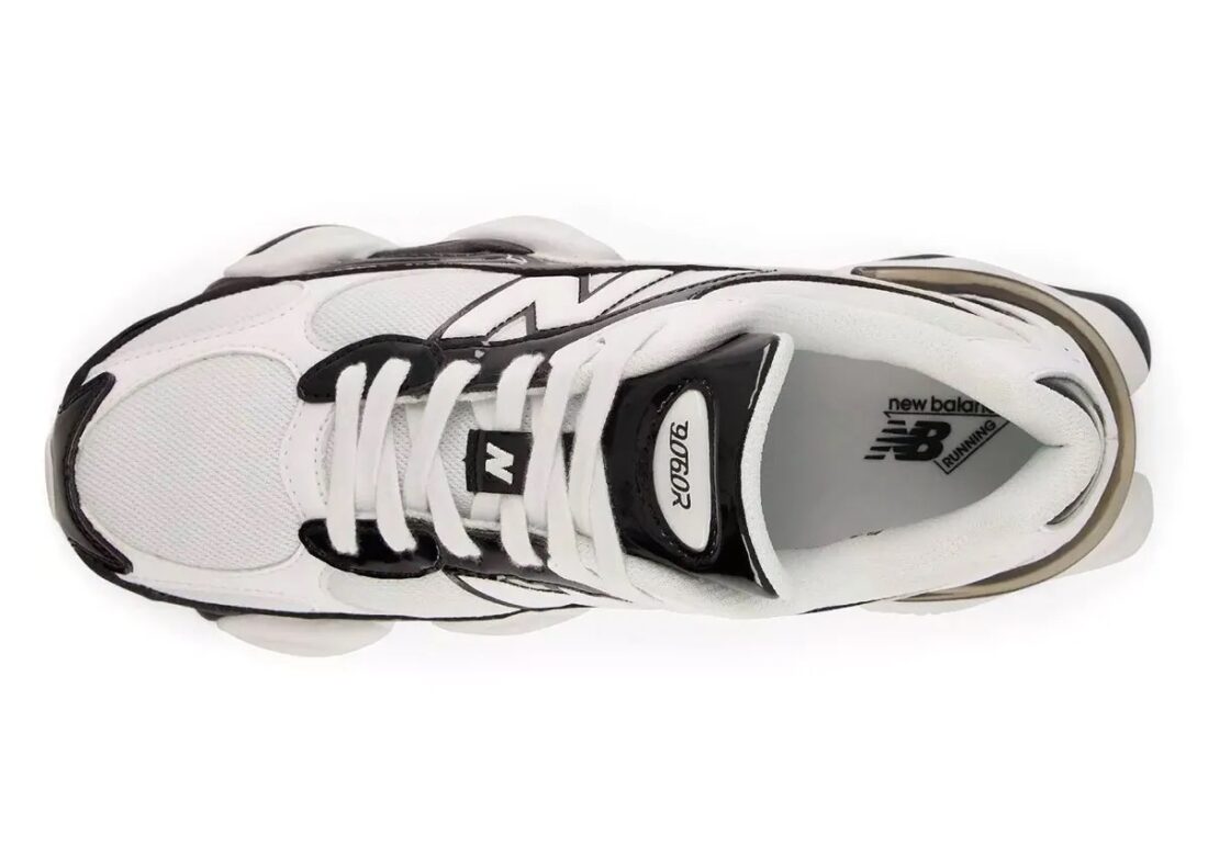 New Balance 9060R Black White avec tige en mesh respirant, empiècements en daim noir et cuir, amorti ABZORB, technologie SBS et semelle sculptée.