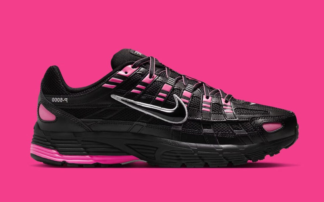 Nike P-6000 Pink Blast Metallic Silver Black rose vif avec empiècements Metallic Silver et noirs, mesh respirant et renforts en cuir vue de profil. 